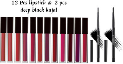 Yuvami's 12 pcs set Liquid matte lipstick With 2 Pcs Deep Black kajal(14 Items in the set)