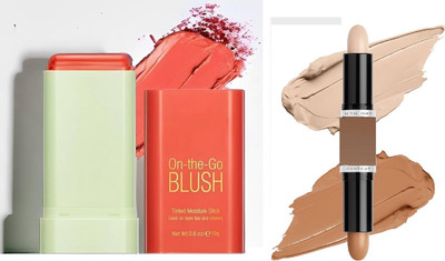 nn Orange Cream Blush Stick, On-the-Go Blush, Multi-use Makeup Blush Stick With 2 IN 1 Highlighter And Concealer Contour Stick(2 Items in the set)