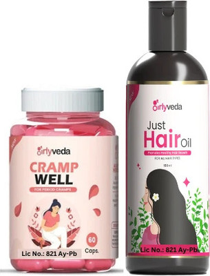 Girlyveda Cramp Well Capsule with Just Ayurvedic Hair Oil|Combo Pack|60 CAPS & 100 ML(2 Items in the set)