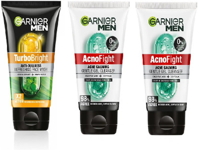 Garnier Men AcnoFight Acne Calming Gel Cleanser-50g 2pcs +TurboBright Anti Dullness Facewash-50g(3 Items in the set)