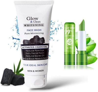 JIVOQ Getgal Glow & Clean Whitening|Pore Minimizing, Oil Control, Dirt Removal| Activated Charcoal Face Wash With Aloe Vera Lip Balm(2 Items in the set)