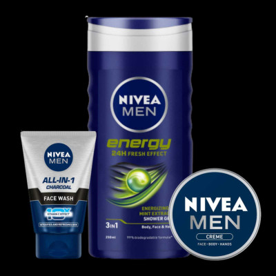 NIVEA Energy 250ml Sg All in one 100ml fw and Men Creme 30ml Set of 3pcs(3 Items in the set)