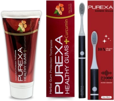 PUREXA Sonic Sleek Electric Toothbrush With Healthy Gums Toothpaste For Bleeding Gum | Electric Toothbrush With 1 Year Warranty (Black)(2 Items in the set)