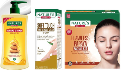 Nature's Nourishing Almond & Honey Body Lotion (400ml)Soft Touch Hair Removal Cream Gold (30g)Advanced Flawless Papaya Facial Kit (60g)(3 Items in the set)