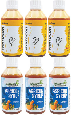 UJWALA AYURVEDASHRAM Whitocon and Assicon Syrup For Leucorrhoea, PCOS, PCOD and Irregular period(6 Items in the set)