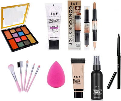 J & F 12 Clr Eyeshadow,Primer,Fixer,Foundation,Contour,Puff,5 Pc Brush,Kajal(8 Items in the set)
