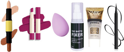 nn makeup combo kit fixer primer contour lipstick eyeliner puff(6 Items in the set)