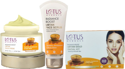 LOTUS HERBALS Radiance Boost Glow ( Ubtan Face Creme_50g + Facial Kit_47g + Face Scrub_100g )(3 Items in the set)