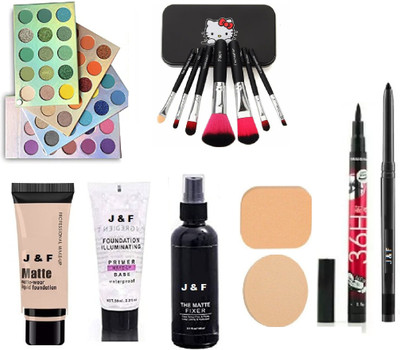 J & F 60 Clr Eyeshadow,7 Pc brush,2 in 1Puff,Primer,Fixer,Foundation,Kajal,Eyeliner(8 Items in the set)