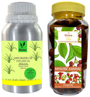 Veena Combo Natural Mosquito Citronella Diffuser 500 ml, With Dhoop Cones Sandalwood For Pooja(2 Items in the set)