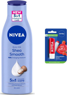 NIVEA Shea smooth Milk 200ml And Strawberry Shine lip balm(2 Items in the set)