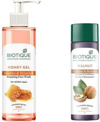 BIOTIQUE Honey Gel Face Wash 200 ML & Walnut Bark Shampoo 120 ML  (2 Items in the set)