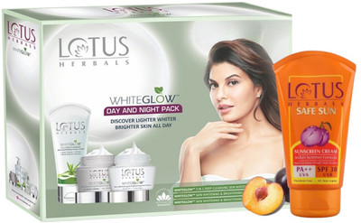LOTUS HERBALS WhiteGlow Day & Night Pack With Facial Foam WITH Safe Sun Sunscreen Cream SPF 30 PA++ 50G(4 Items in the set) LOTUS HERBALS WhiteGlow Day & Night Pack With Facial Foam WITH Safe Sun Sunscreen Cream SPF 30 PA++ 50G(4 Items in the set)