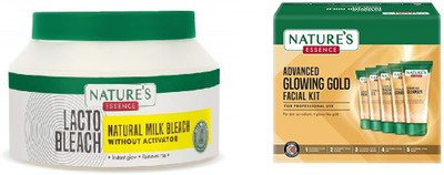 Nature's Essence Lacto Bleach 100ml & Glowing Gold Facial Kit 500gm for Brightening Skin(2 Items in the set)