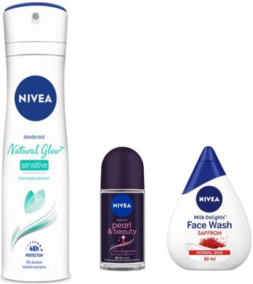 NIVEA Natural Glow Sensitive Deo , Pearl & Beauty Fine Fragrance Roll On 50 ML & Milk Delight Saffron Face Wash 50 ML(3 Items in the set)