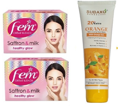 Fem SAFFRON AND MILK BLEACH 2 PC EACH 40 GM AND SUBAXO ORANGE FACE WASH 120 ML(3 Items in the set)