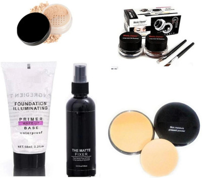brown blush PRIMER WITH MAKEUP FIXER AND COMPACT WITH GEL EYELINER & LOOSE POWDER(5 Items in the set)