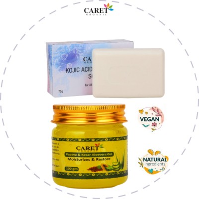 Caret Organic Kojic Acid Vitamin C Soap And Aloe Vera Gel with Kesar & Papaya - Paraben Free(2 Items in the set)