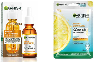 Garnier Men Bright Complete Vitamin C OverNight Serum-15ml+Anti Pimple Mask-28g(2 Items in the set)