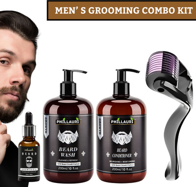 Phillauri Men's Beard Growth Oil 30ML + Beard Wash 200ML + Beard Conditioner 200ML + Derma Roller 0.5mm(1 Items in the set)