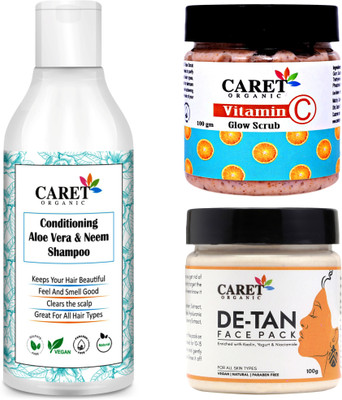 Caret Organic ConditioningAloeveraNeemShampoo(300ml),VitaminCGlowScrub(100g)De-TanFacePack(100g)(3Itemsintheset)(3 Items in the set)