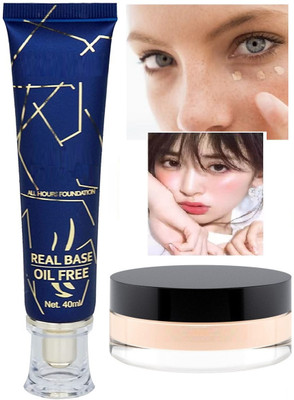 HUZURLU Pro Coverage Real Base Oil Free Matte Finish Foundation With Loose Setting Powder(2 Items in the set)