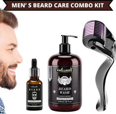 Phillauri Men's Beard Growth Combo Kit(Beard Growth Oil 30ML + Beard Wash 200ML + Derma Roller 0.5mm for Beard)(1 Items in the set)