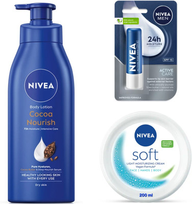 NIVEA COCOA NOURISH BODY LOTION 400 ML, ACTIVE CARE LIP BALM 4.8G & SOFT CREAM 200 ML(3 Items in the set)