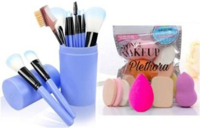 Toberer Professional 12 piece face and eye makeup brush set with strong barrel-blue & 6 in 1 makeup sponge puff(18 Items in the set)