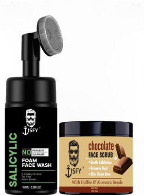 Tisfy Salicylic Foaming Daily Face Wash for Active Acne &-100 ml & Chocolate Face Scrub-& Sunscreen, 100gm(2 Items in the set)