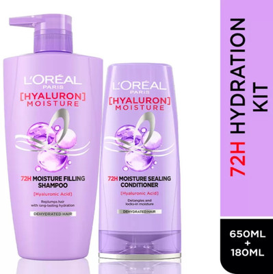 L'Oréal Paris Moisture Shampoo 650ml + Conditioner 180ml Combo for 72HR Hydrated Hair(2 Items in the set)