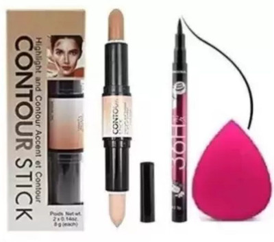 swenky 2 In 1 Contour Stick & 36 Hour Deep Black Eyeliner & Sponge Puff(3 Items in the set)