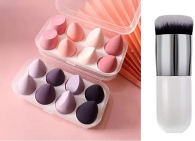 UNNTEESH Extra Soft Foundation Brush with 8 Sponge puff blender (9 Items in the set)(9 Items in the set)