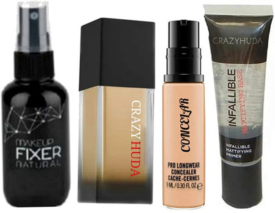 CRAZYHUDA Long lasting Foundation, Base Primer, Matte Fixer Spray, Concealer(4 Items in the set)