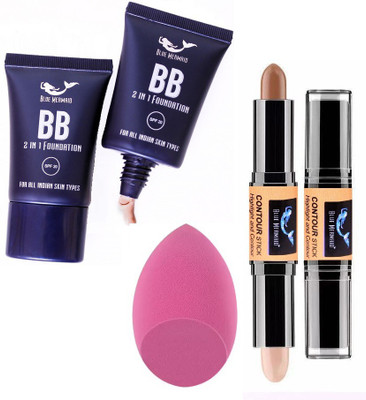 BLUEMERMAID NEW BB FOUNDATION 2 IN 1 CONTOUR STICK & MAKEUP BLENDER COMBO(3 Items in the set)