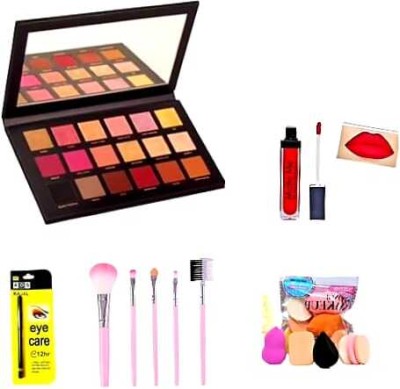 rahnay Eyeshadow Palette Rose Gold 18 Shade Multicolor + Red 1 single stick Lipstick + 1 Kajal 5 Pcs Puff + 5 pcs Brushes pack(10 Items in the set)