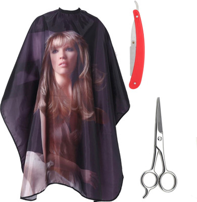 Angel Infinite Combo Of Hair Cutting Apron Cape (Printed), Straight Razor (Red), and Scissors Set of 3(3 Items in the set)