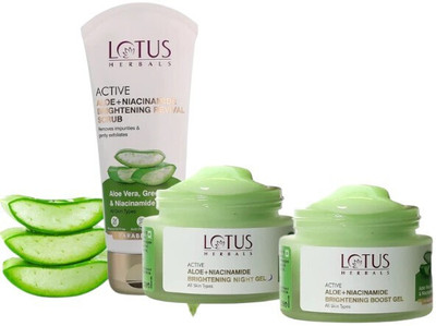 LOTUS HERBALS Active Aloe + Niacinamide Night Gel with Boost Gel with Active Aloe + Niacinamide Brightening Revival Scrub(3 Items in the set) LOTUS HERBALS Active Aloe + Niacinamide Night Gel with Boost Gel with Active Aloe + Niacinamide Brightening Revival Scrub(3 Items in the set)