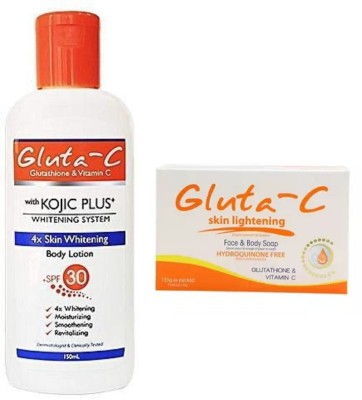 Gluta-C Glutathione With Kojic Plus Lightening Body Lotion 4X Skin Whitening 150Ml & Skin lightening face and body soap-135gm(2 Items in the set)