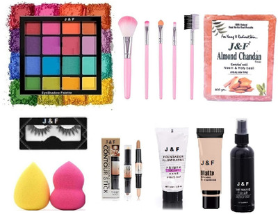 J & F 16 color Eyeshadow Palette,5 pcs makeup brush,Eyelashes,Blender Puff ( Pack of 2(8 Items in the set)