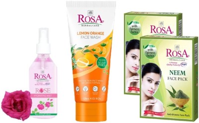 ROSA Combo Pack of 1 Rose Mist 220ML, 1 Lemon Orange Face wash 120 ML and 2 Neem Face Pack(100g*2)(4 Items in the set)