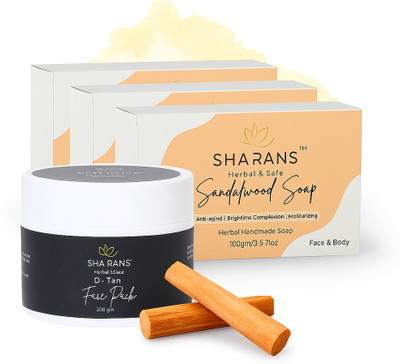 Sharans 1 DeTan Instant Glow & Brightening Cream Face Pack + 3 Herbal Sandalwood Bathing Soap Enriched with Vitamins E (Combo Pack)(4 Items in the set)