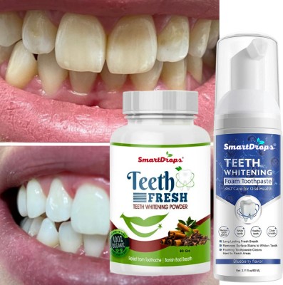 smartdrops Fresh Breath Foam and Charcoal Cleansing Powder: Whitens Teeth, Fights Germs, Removes Stains for a Radiant Smile(2 Items in the set)