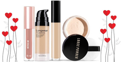 MYEONG Full Coverage Foundation and Liquid Concealer with Loose Powder and Liquid Lipstick Valentine Days Combo Pack(4 Items in the set)