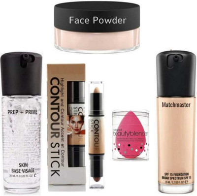 LOVE HUDA Professional Waterproof Primer, Foundation, Contour Stick, Powder & Blender(5 Items in the set)