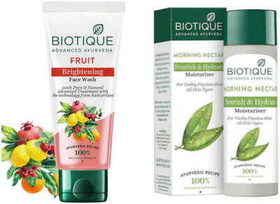 BIOTIQUE FRUIT BRIGHTENING FACE WASH 150ML & MORNING NECTAR NOURISH MOSTURIZER 190ML COMBO SUMMER SKIN CARE(2 Items in the set)
