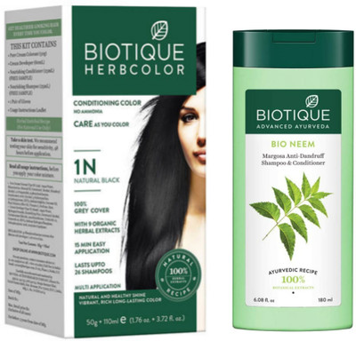 BIOTIQUE Conditioning Hair Color 1N Natural Black & Neem Shampoo 180 ML (2 Items in the set)