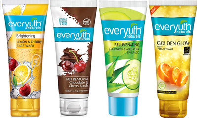 Everyuth Naturals Lemon and Cherry Face Wash, Tan Removal Scrub, Cucumber Face Pack, Golden Glow Peel off Mask (4X50g)(4 Items in the set)