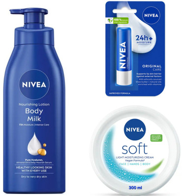 NIVEA BODY MILK BODY LOTION 400 ML, ORIGINAL CARE LIP BALM 4.8G & SOFT CREAM 300 ML(3 Items in the set)