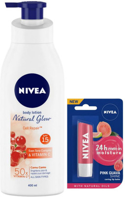 NIVEA Natural Glow Cell Repair Body Lotion 400 ML & Pink Guava Lip Balm(2 Items in the set)